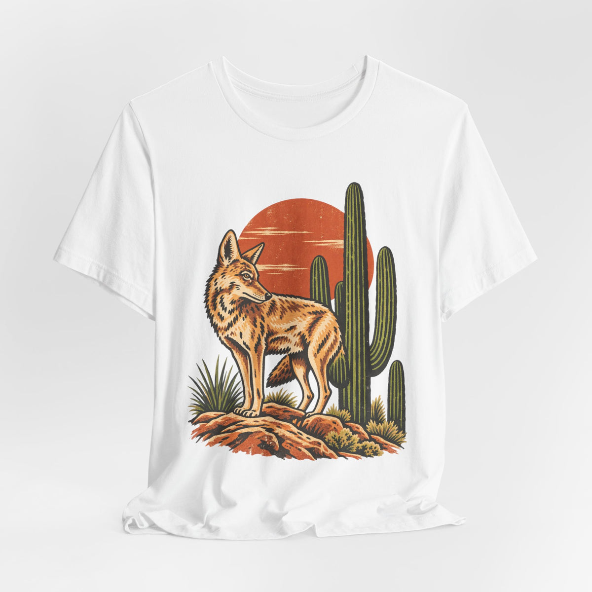 Arizona Coyote Saguaro T-Shirt in Heather Brown - Arizona desert coyote saguaro Southwest graphic tee, Barely Outdoorsy