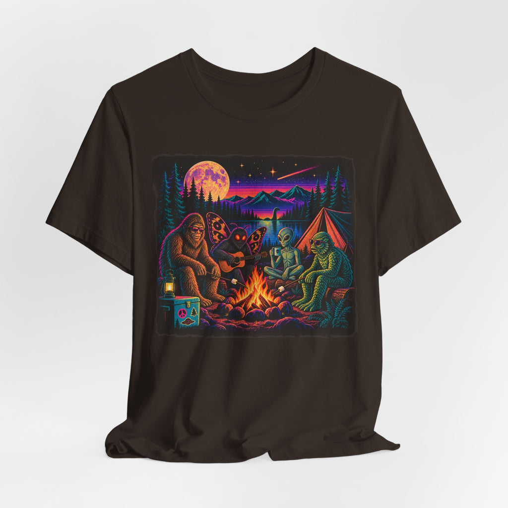 Cryptid Campfire Hangout Tee in Maroon - funny Bigfoot alien campfire humor shirt, Barely Outdoorsy