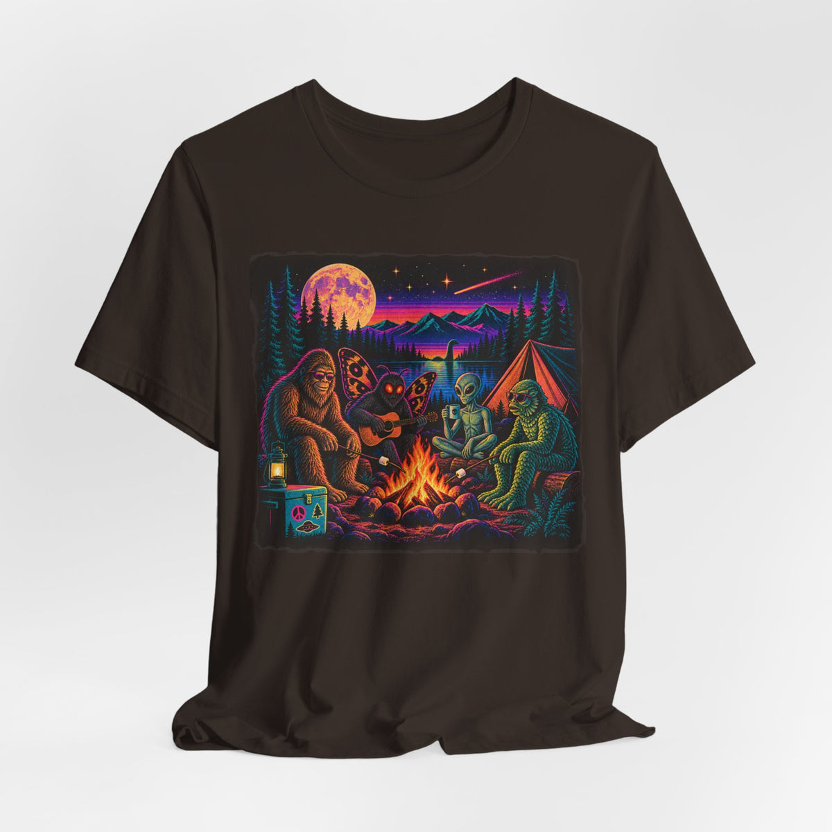 Cryptid Campfire Hangout Tee in Maroon - funny Bigfoot alien campfire humor shirt, Barely Outdoorsy