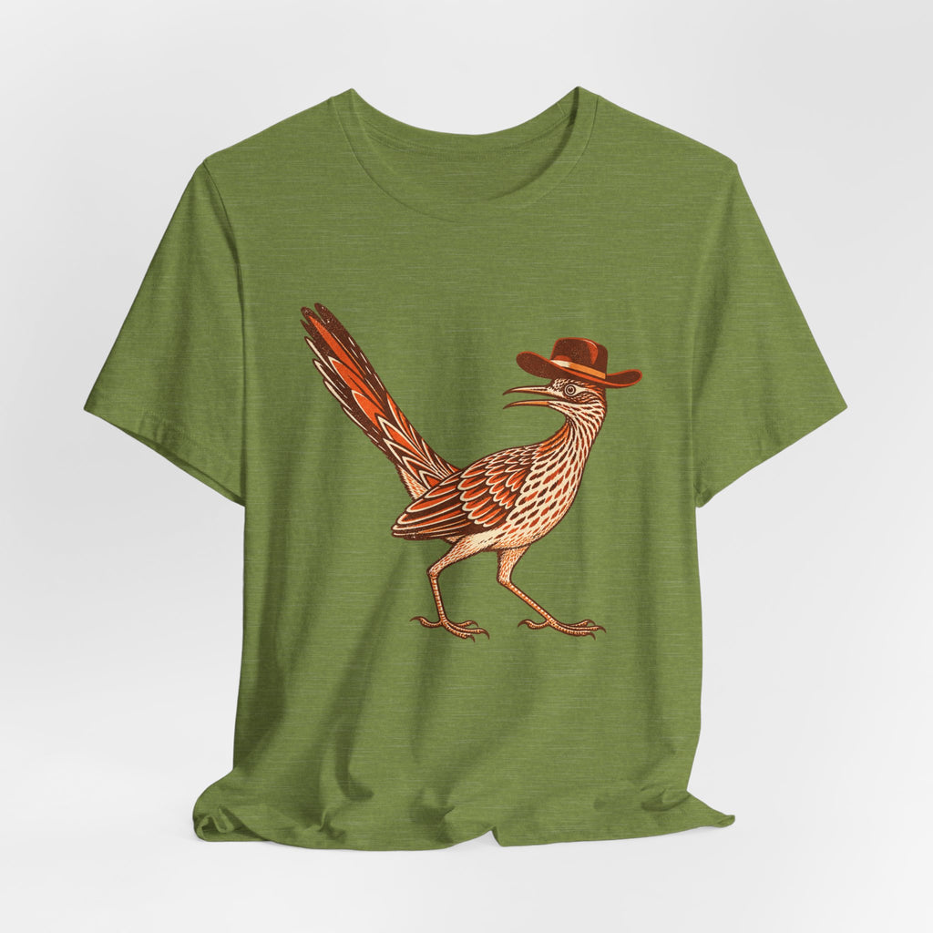 Cowboy Roadrunner T-Shirt in Heather Dusty Blue - funny Southwest cowboy roadrunner humor graphic tee, Barely Outdoorsy