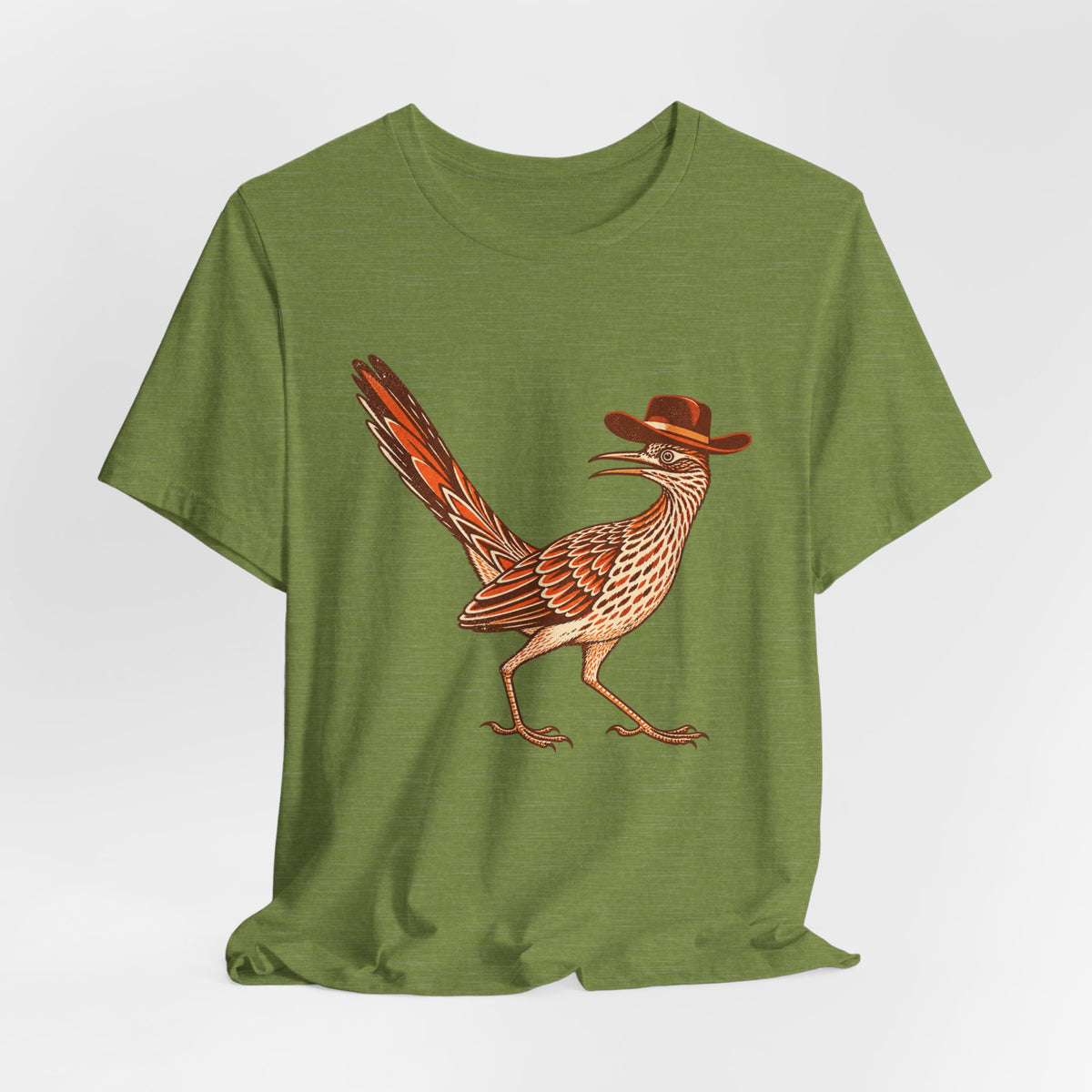 Cowboy Roadrunner T-Shirt in Heather Dusty Blue - funny Southwest cowboy roadrunner humor graphic tee, Barely Outdoorsy