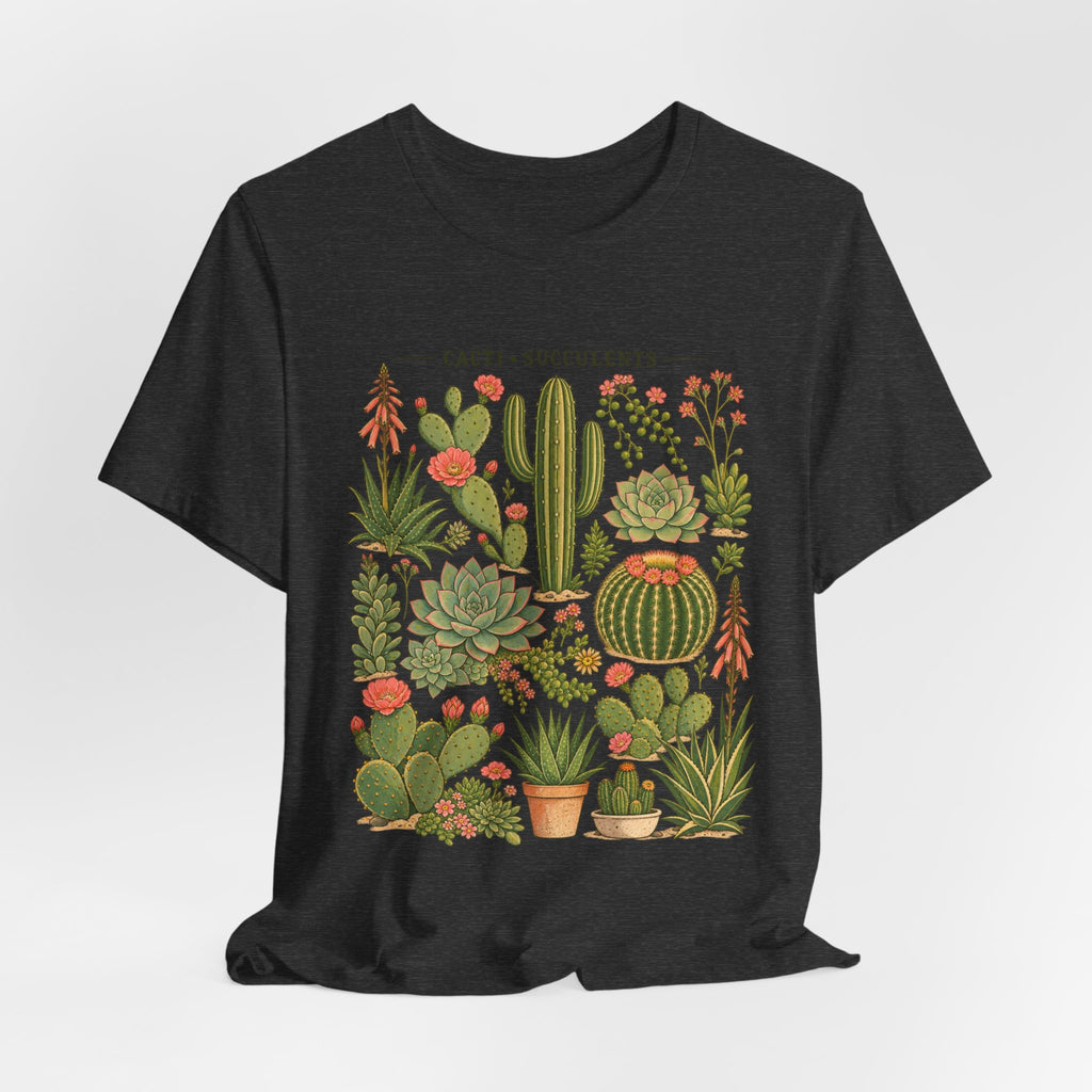 Cacti and Succulents Botanical T-Shirt in Black Heather - botanical cacti succulents desert plant graphic tee, Barely Outdoorsy