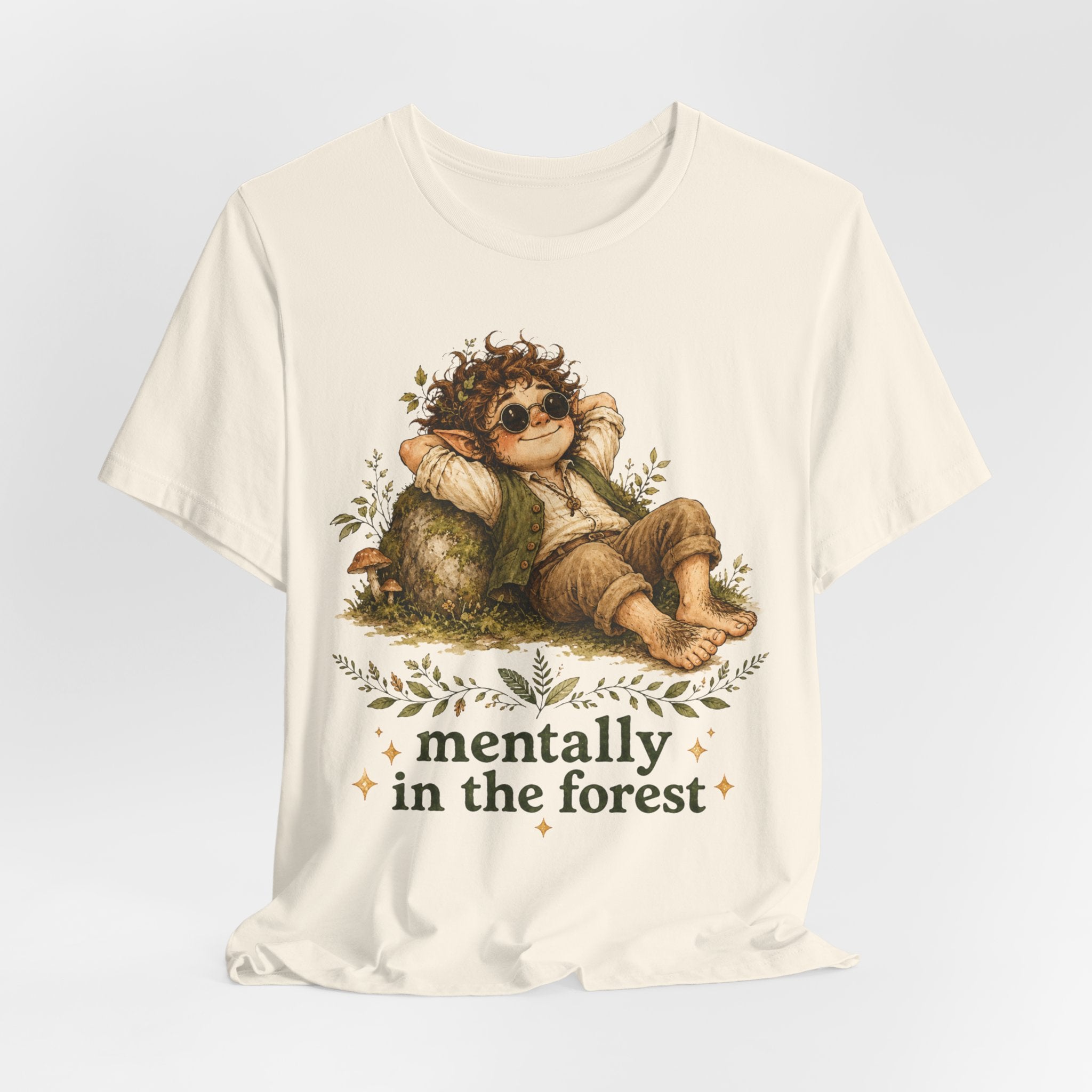 Mentally In The Forest Tee in White - cottagecore forest folk reclined wildflowers humor shirt, Barely Outdoorsy