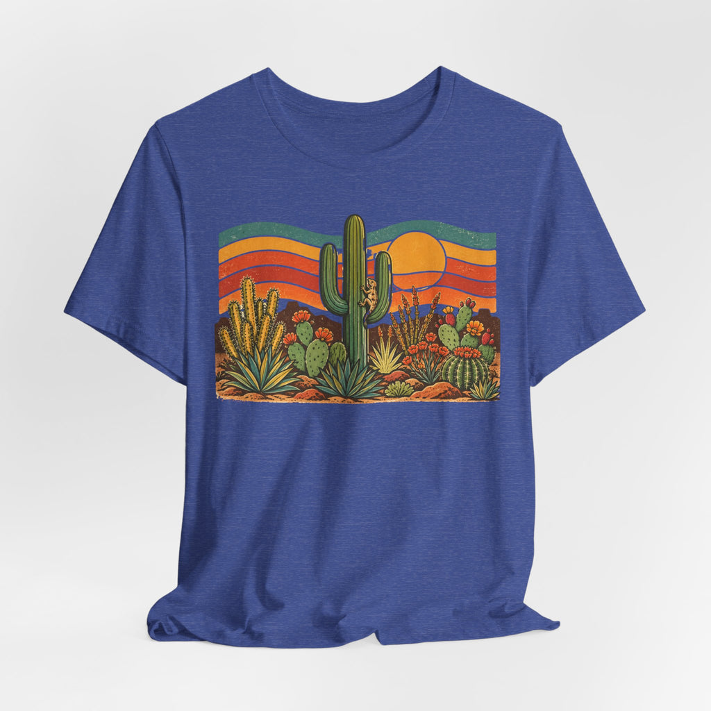 Retro Cactus Garden Desert Sunset T-Shirt in Heather Prism Lilac - botanical cactus desert graphic tee, Barely Outdoorsy