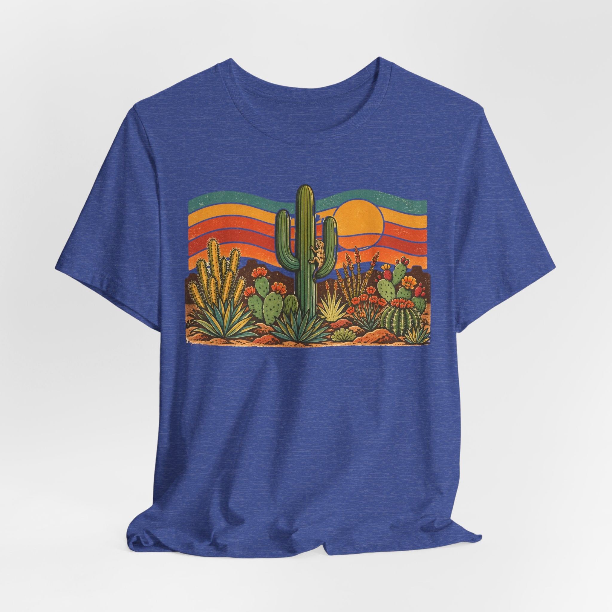 Retro Cactus Garden Desert Sunset T-Shirt in Heather Prism Lilac - botanical cactus desert graphic tee, Barely Outdoorsy