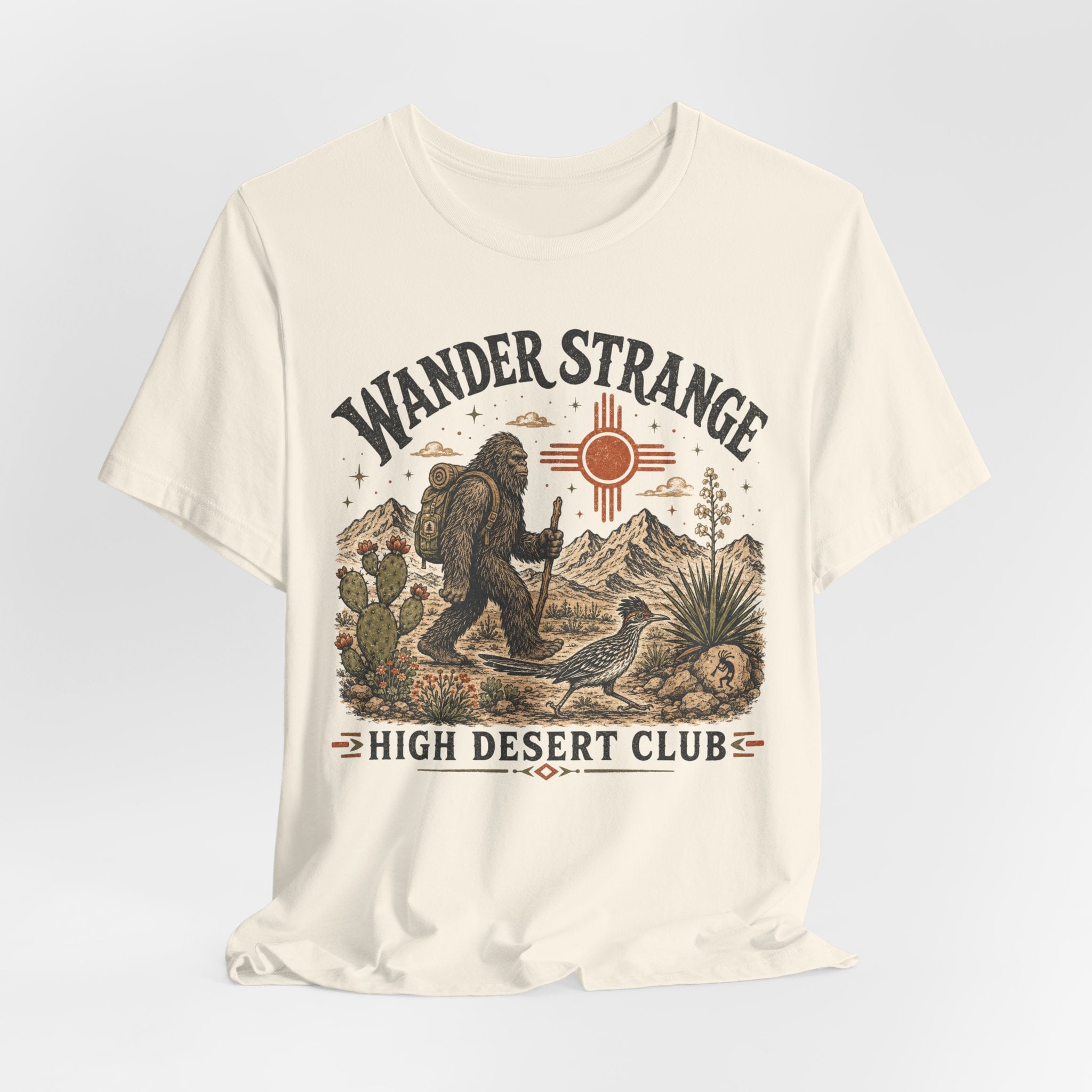 Wander Strange High Desert Club Bigfoot T-Shirt in Athletic Heather - retro badge Bigfoot high desert club graphic tee, Barely Outdoorsy Bella Canvas 3001