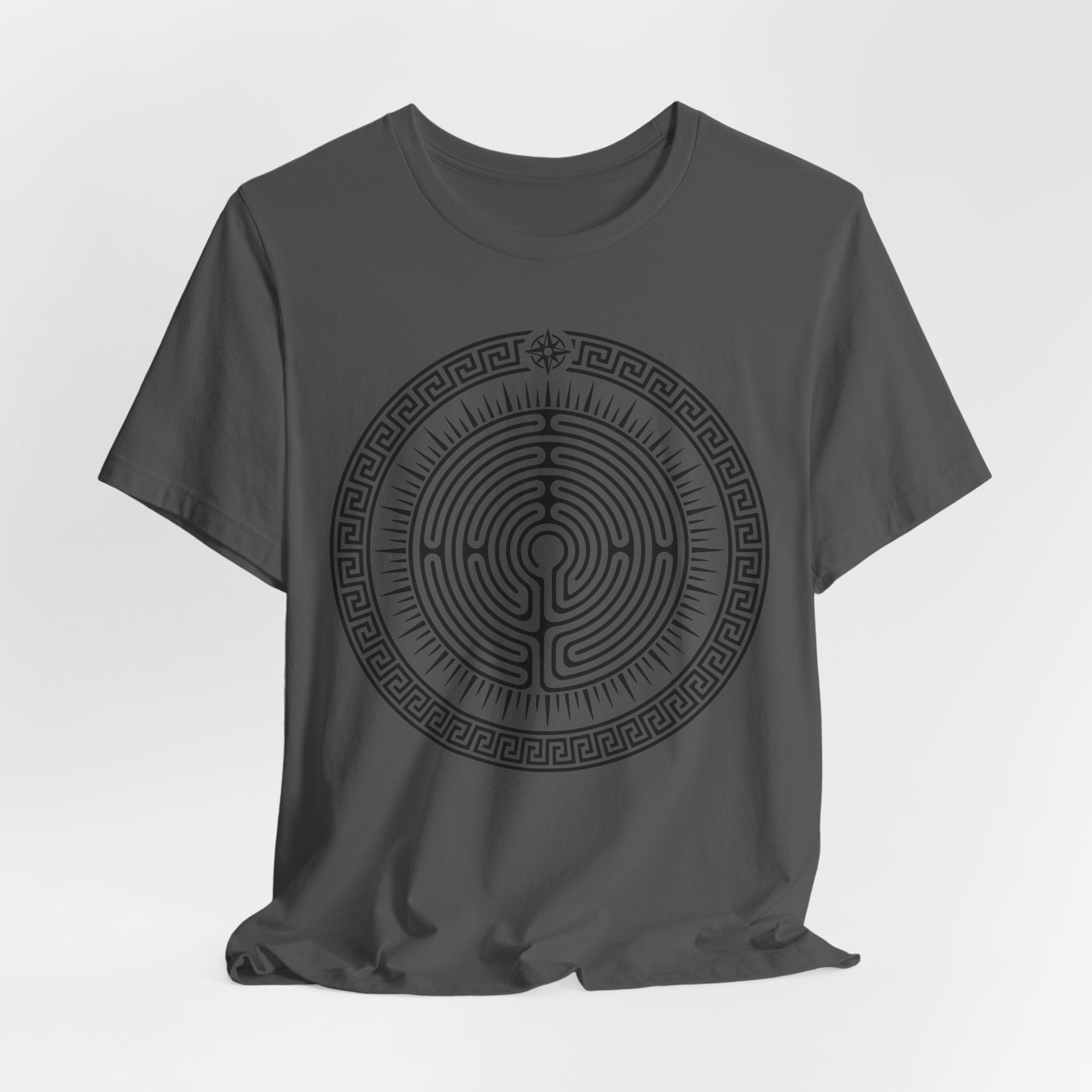 Journey Labyrinth Tee flat lay Asphalt - unisex crew neck spiral maze graphic tee, Barely Outdoorsy