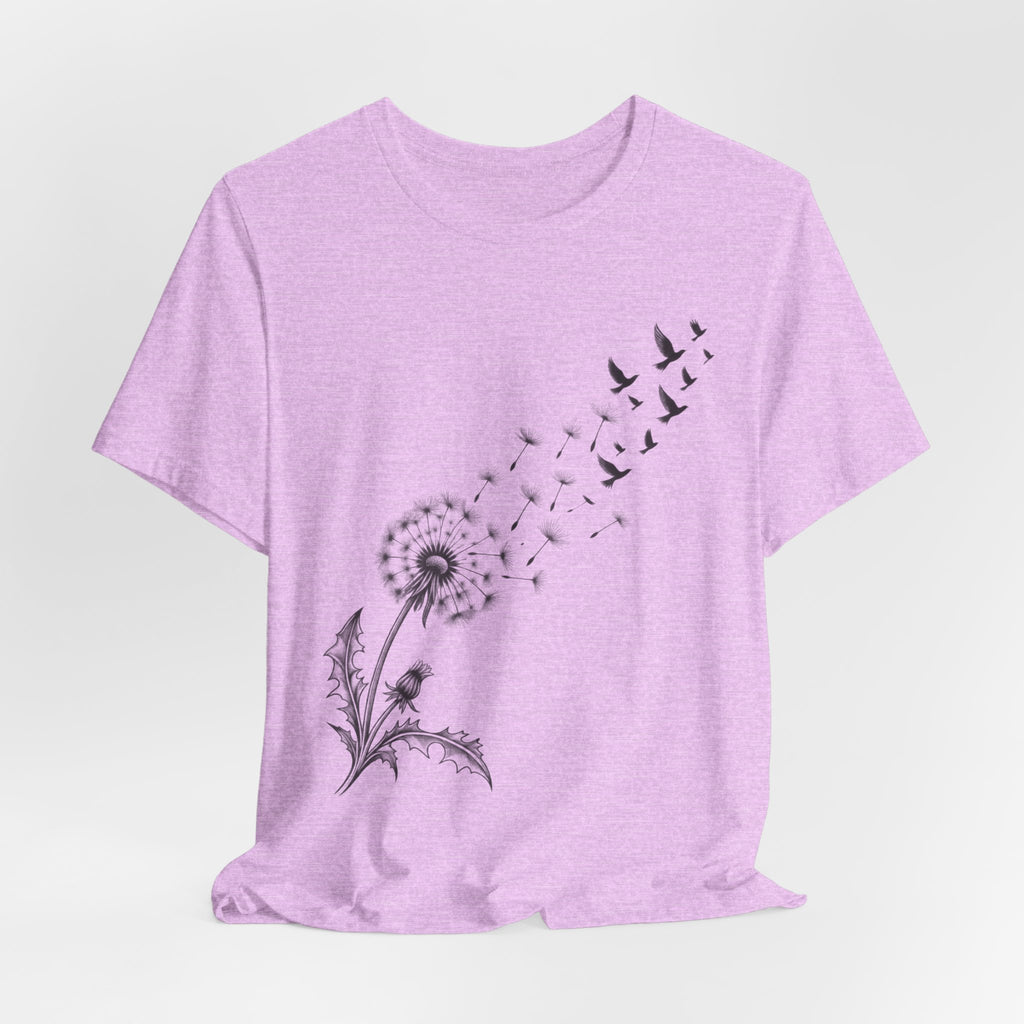 Dandelion Birds Wish T-Shirt flat lay Athletic Heather - unisex crew neck dandelion birds graphic tee, Barely Outdoorsy