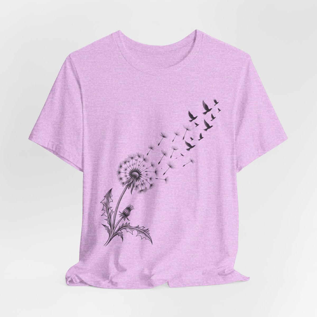 Dandelion Birds Wish T-Shirt flat lay Athletic Heather - unisex crew neck dandelion birds graphic tee, Barely Outdoorsy