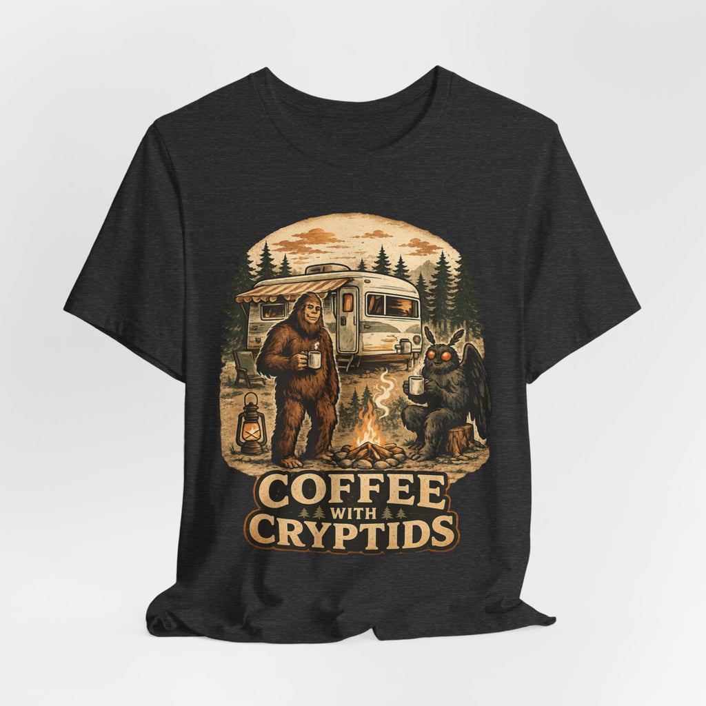 Coffee With Cryptids T-Shirt in Navy - Bigfoot Mothman UFO morning coffee graphic tee, Barely Outdoorsy Bella Canvas