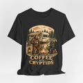 Coffee With Cryptids T-Shirt in Navy - Bigfoot Mothman UFO morning coffee graphic tee, Barely Outdoorsy Bella Canvas