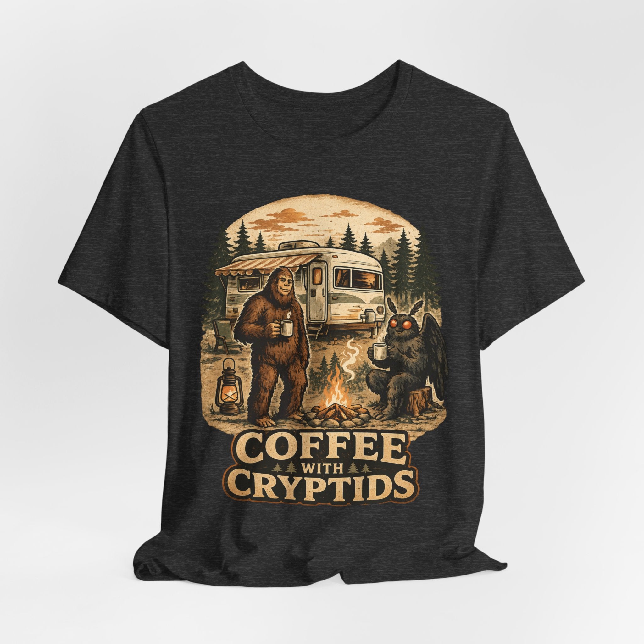 Coffee With Cryptids T-Shirt in Navy - Bigfoot Mothman UFO morning coffee graphic tee, Barely Outdoorsy Bella Canvas