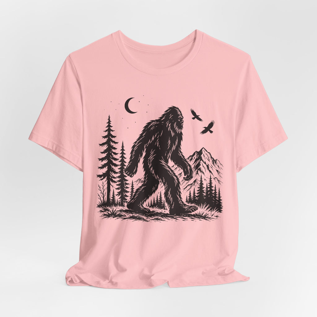 Bigfoot Night Forest Mountain T-Shirt flat lay Athletic Heather - unisex crew neck moonlit Bigfoot graphic tee, Barely Outdoorsy