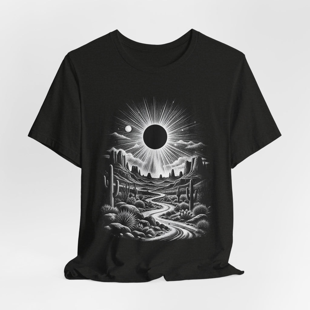 Desert Solar Eclipse T-Shirt in Heather Maroon - Southwest desert solar eclipse celestial graphic tee, Barely Outdoorsy