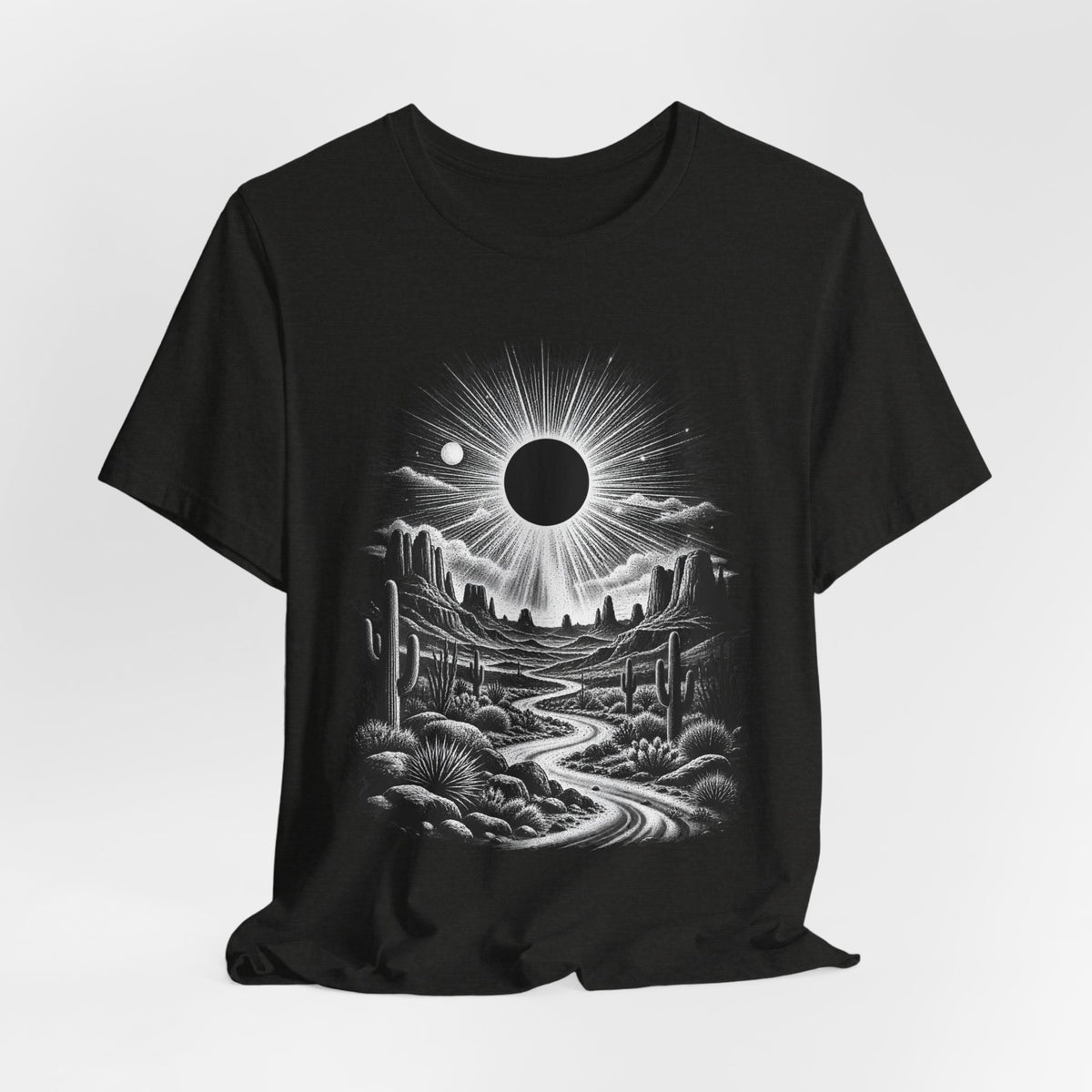 Desert Solar Eclipse T-Shirt in Heather Maroon - Southwest desert solar eclipse celestial graphic tee, Barely Outdoorsy