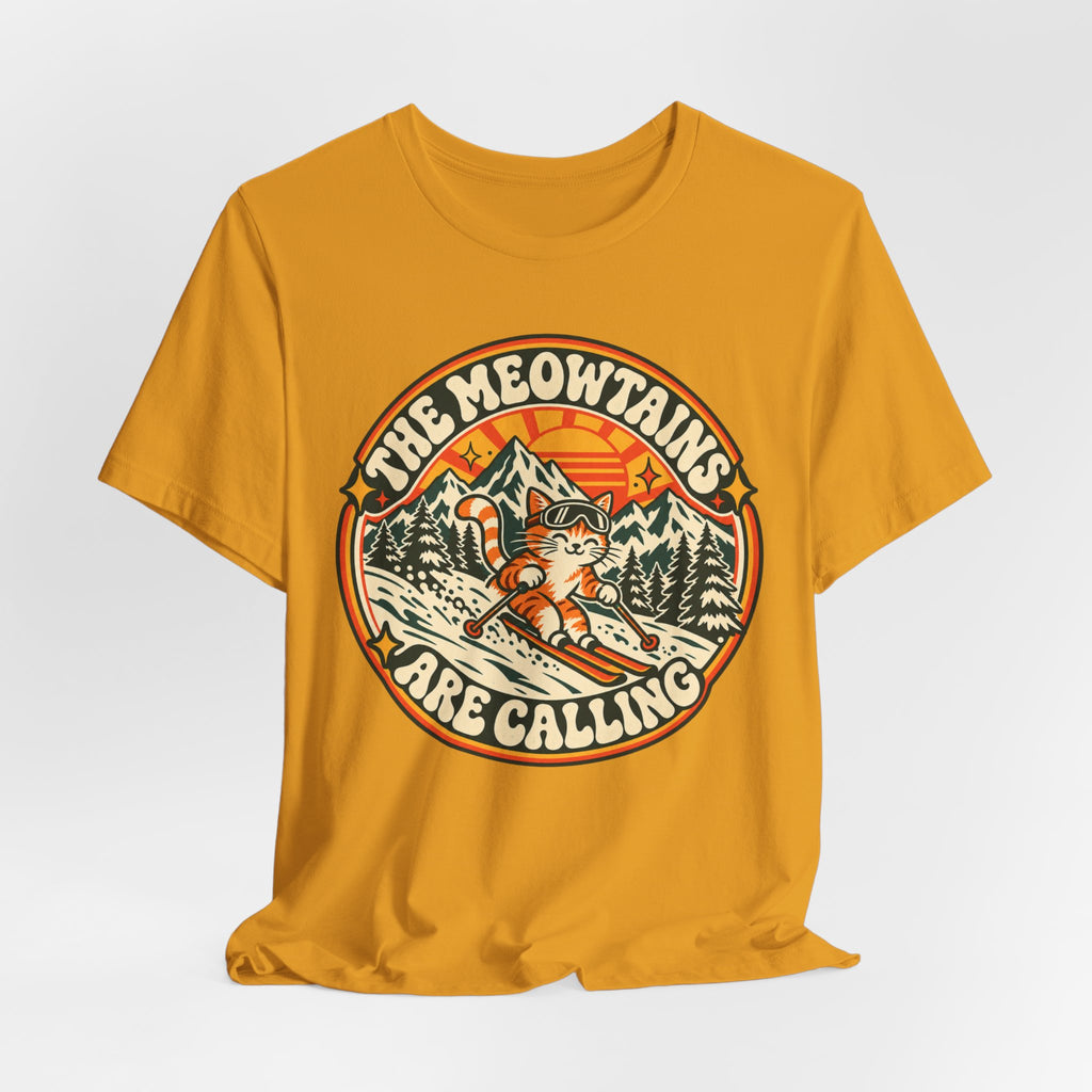 The Meowtains Are Calling Ski Cat T-Shirt in Vintage Black - funny ski cat meowtains graphic tee, Barely Outdoorsy Bella Canvas