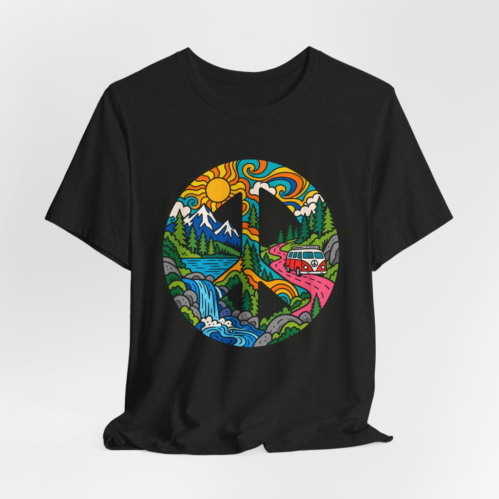 Peace Sign Mountain Van Tee flat lay Athletic Heather - unisex crew neck van life mountain graphic tee, Barely Outdoorsy