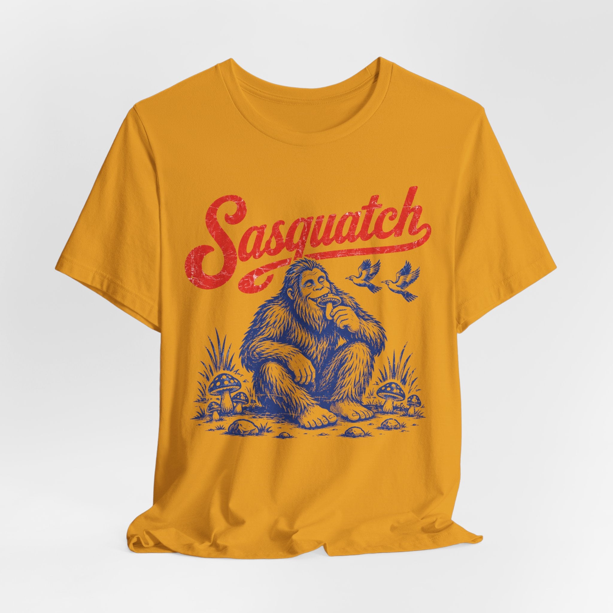 Vintage Sasquatch Woodland T-Shirt in White worn shot - retro Sasquatch woodland naturalist shirt, Barely Outdoorsy Bella Canvas