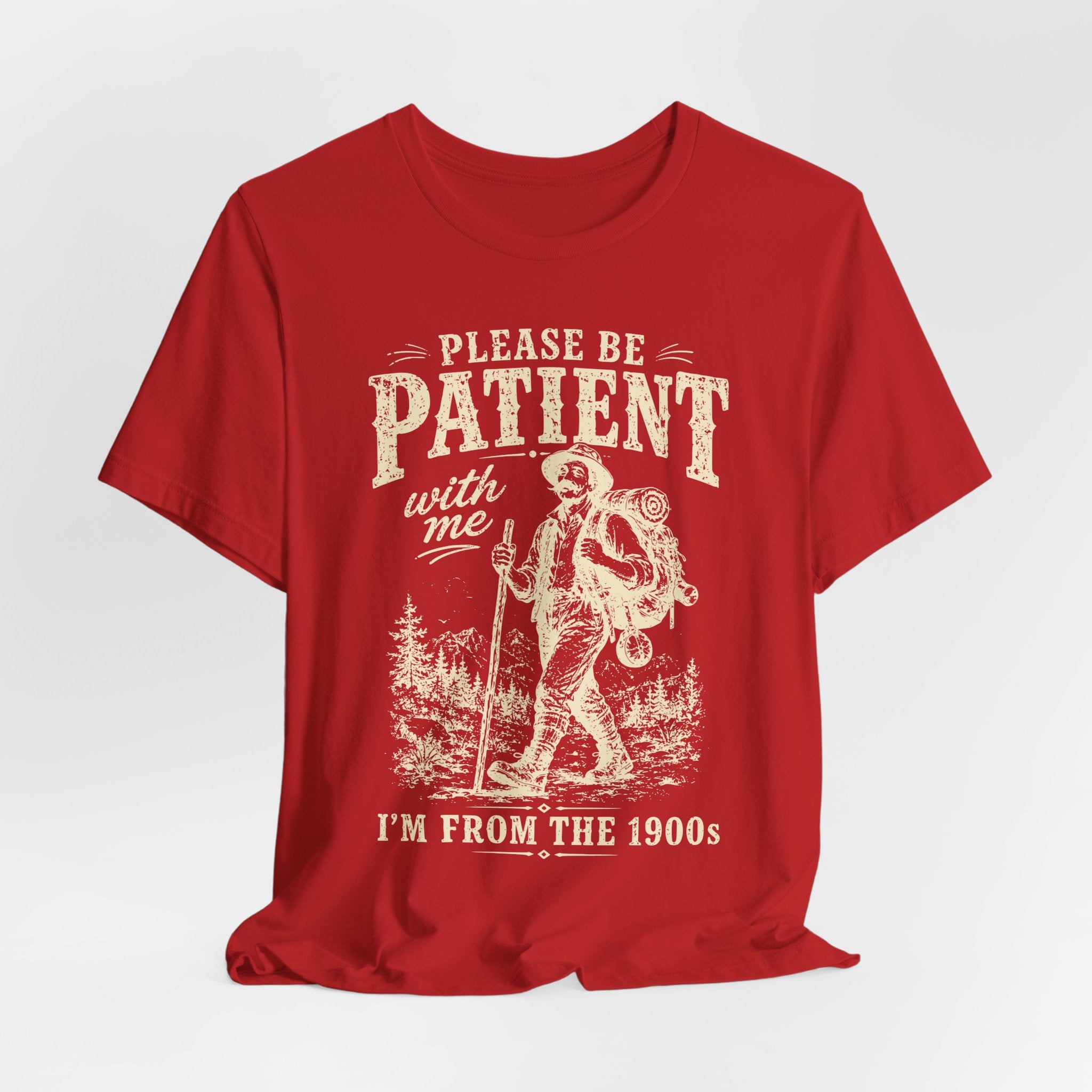 Please Be Patient I'm From The 1900s T-Shirt in Black Heather - funny vintage hiking Gen X graphic tee, Barely Outdoorsy