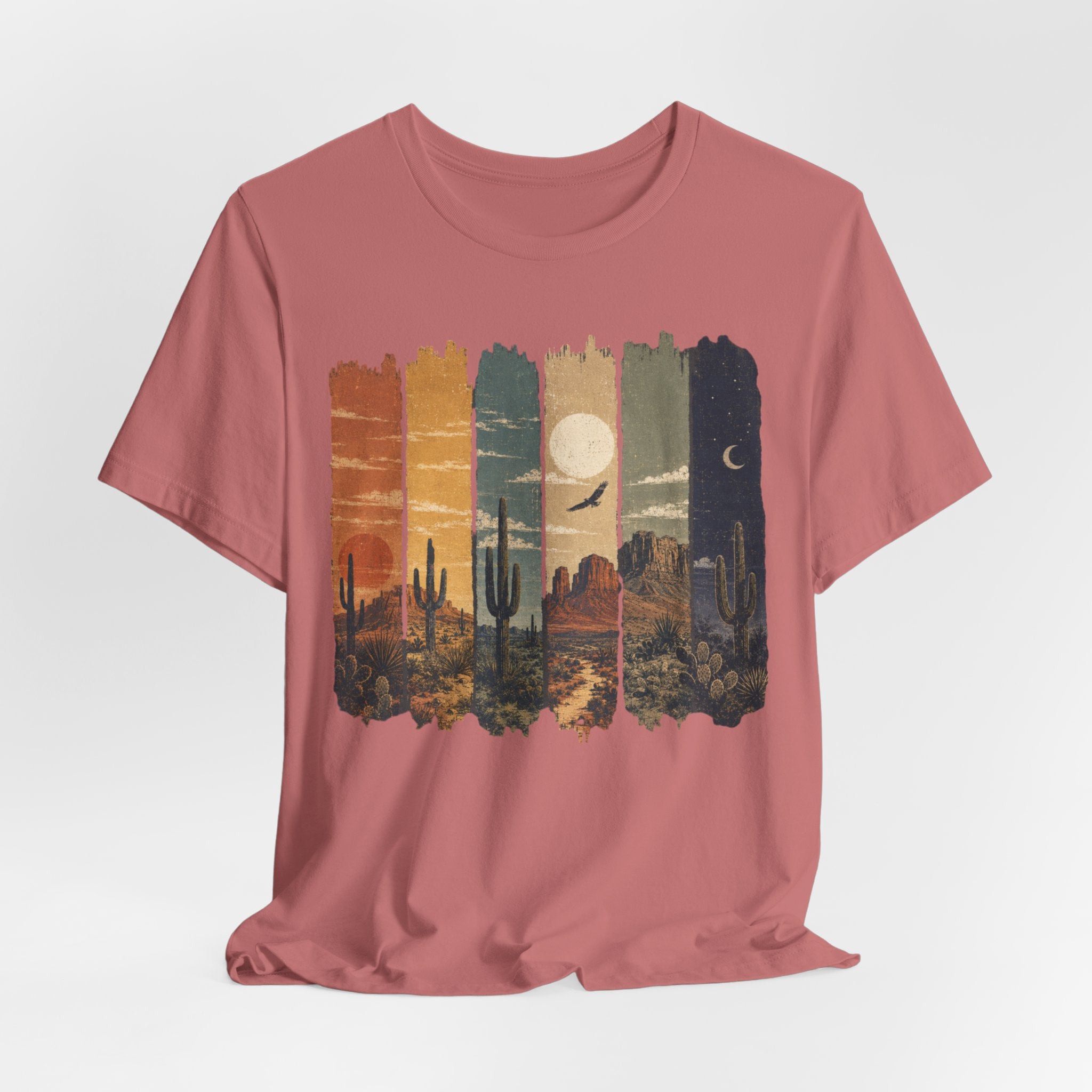 Desert Day to Night Saguaro Tee in Heather Peach - saguaro desert split scene shirt, Barely Outdoorsy Bella Canvas 3001