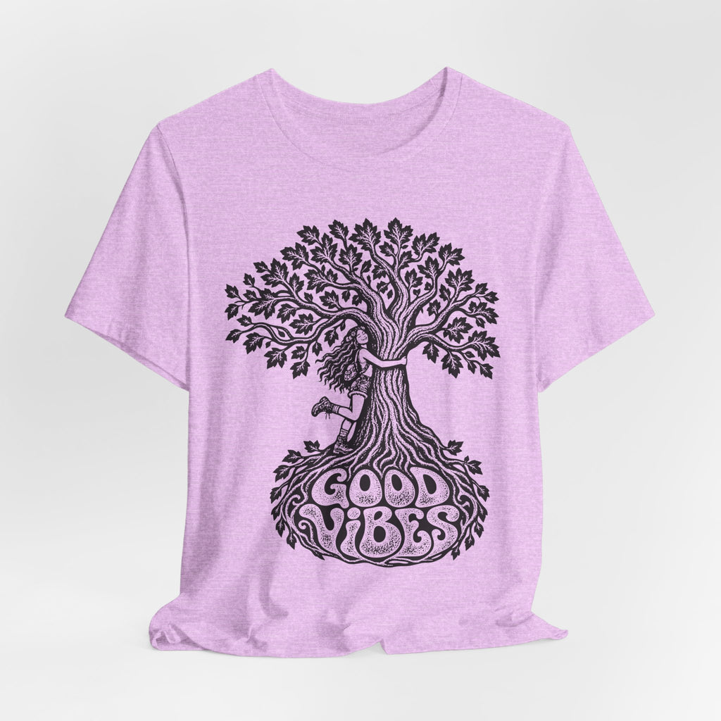 Good Vibes Tree Hug Tee flat lay Athletic Heather - unisex crew neck good vibes graphic tee, Barely Outdoorsy