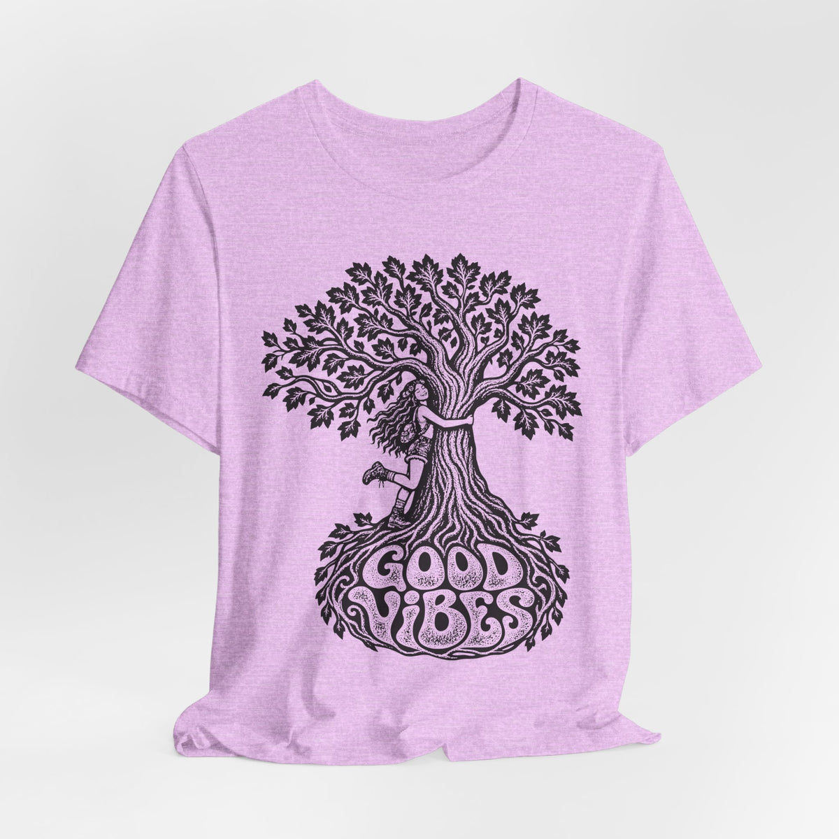 Good Vibes Tree Hug Tee flat lay Athletic Heather - unisex crew neck good vibes graphic tee, Barely Outdoorsy