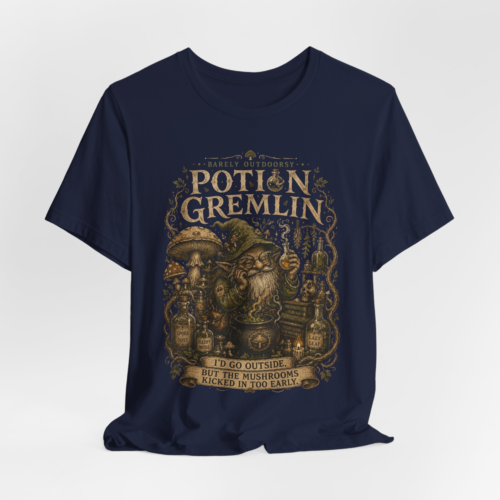 Potion Gremlin Goblincore T-Shirt in Maroon - funny potion gremlin mushroom graphic tee, Barely Outdoorsy Bella Canvas