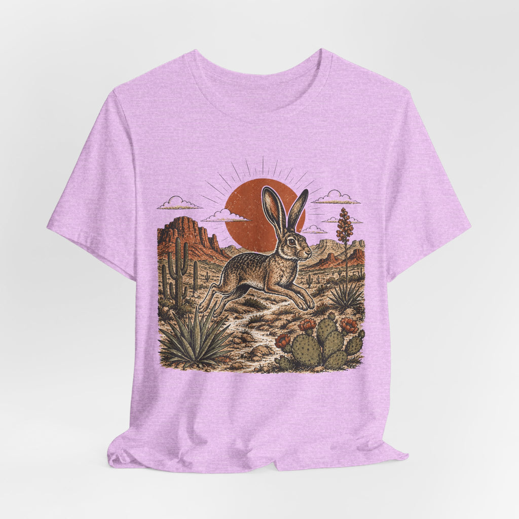 Desert Jackrabbit Sunset Tee flat lay Athletic Heather - unisex crew neck jackrabbit sunset graphic tee, Barely Outdoorsy