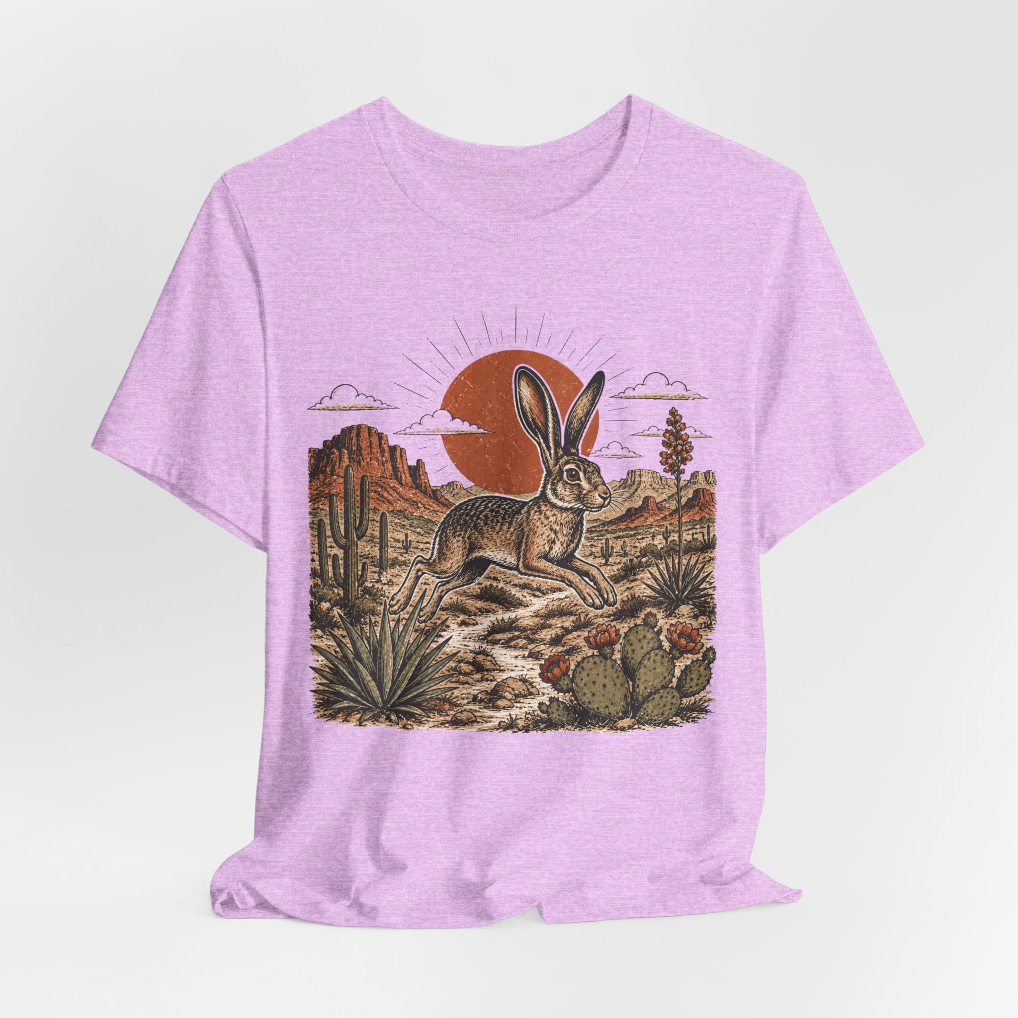 Desert Jackrabbit Sunset Tee flat lay Athletic Heather - unisex crew neck jackrabbit sunset graphic tee, Barely Outdoorsy