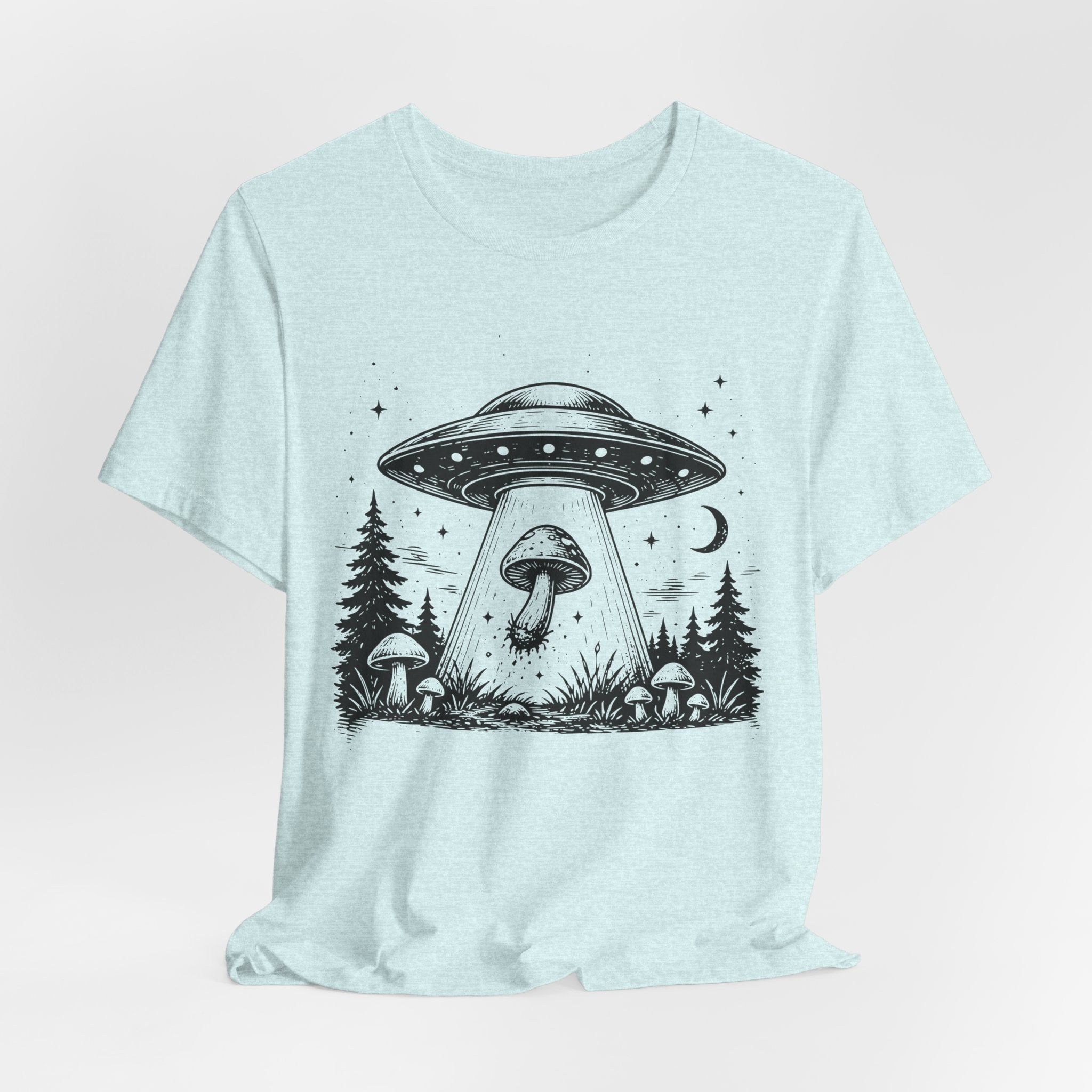 UFO Mushroom Abduction Tee in White detail - alien UFO mushroom abduction close-up graphic, Barely Outdoorsy