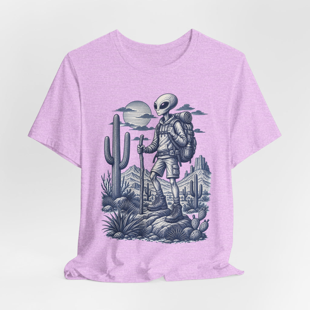 Alien Hiker Desert Backpacking Tee in Heather Prism Lilac - funny alien hiker desert shirt, Barely Outdoorsy Bella Canvas