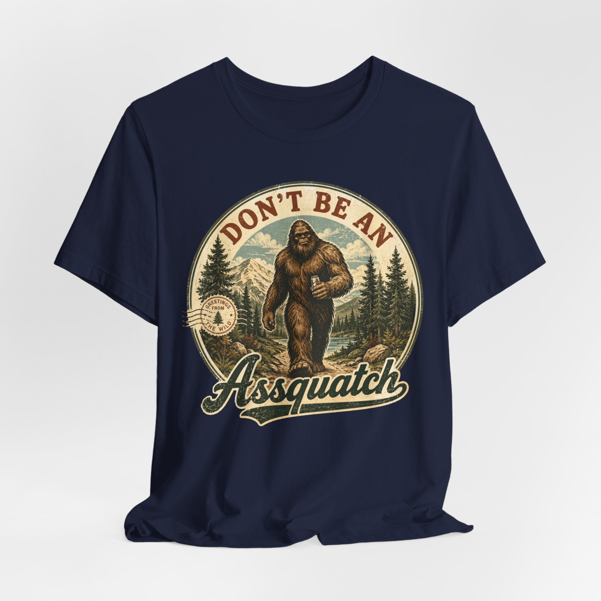 Don't Be An Assquatch Bigfoot Tee in Brown - funny Bigfoot assquatch pun shirt, Barely Outdoorsy Bella Canvas 3001