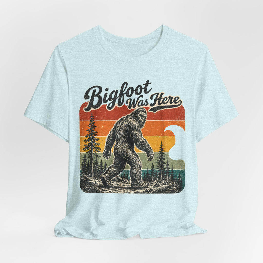 Bigfoot Was Here T-Shirt in Heather Peach - retro rainbow sunset Sasquatch graphic tee, Bella Canvas 3001