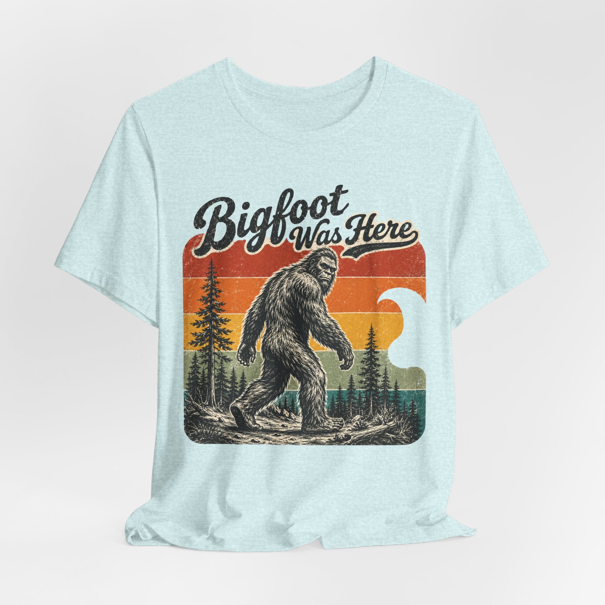 Bigfoot Was Here T-Shirt in Heather Peach - retro rainbow sunset Sasquatch graphic tee, Bella Canvas 3001