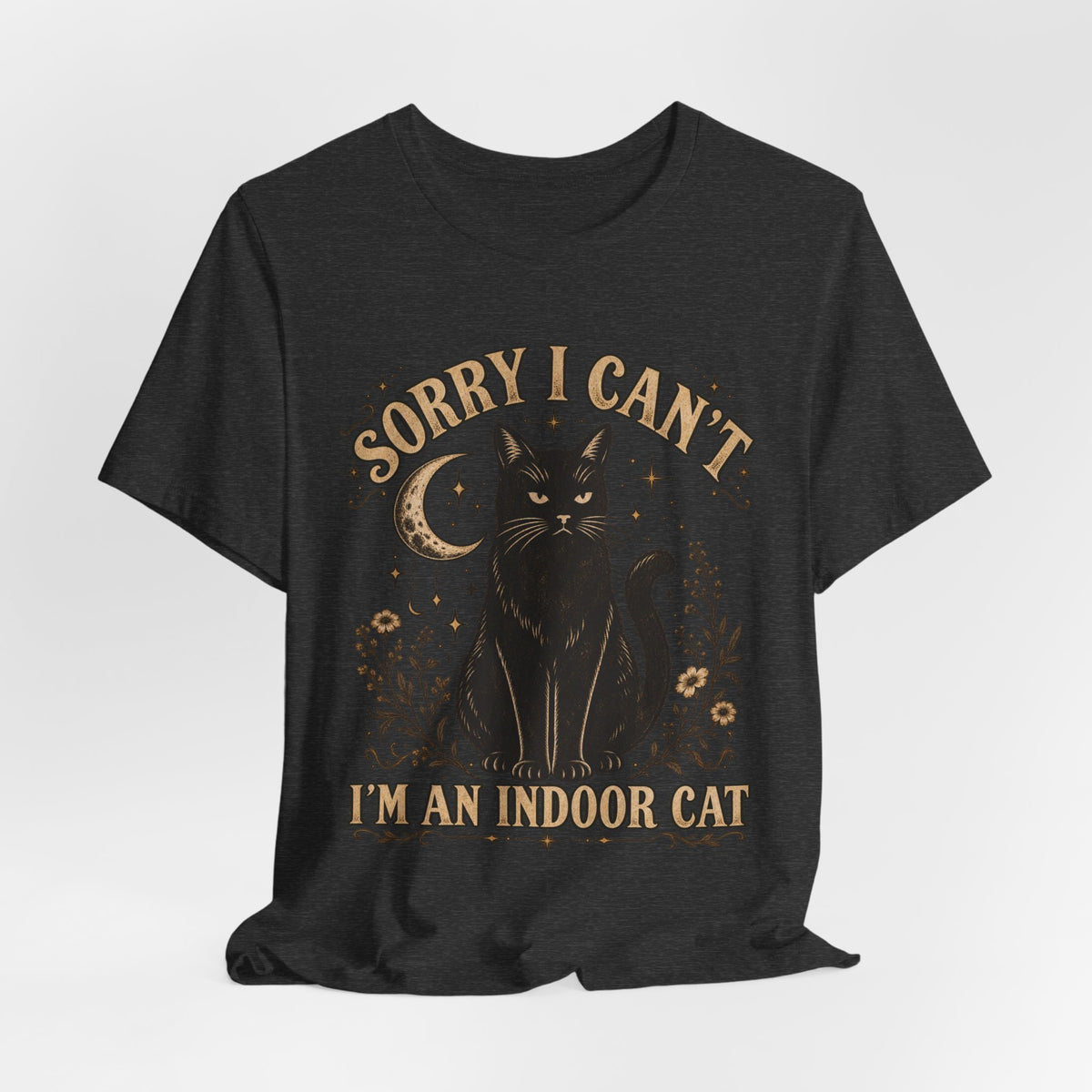 Sorry I Can't I'm an Indoor Cat T-Shirt in Black Heather - funny indoor cat introvert graphic tee, Barely Outdoorsy