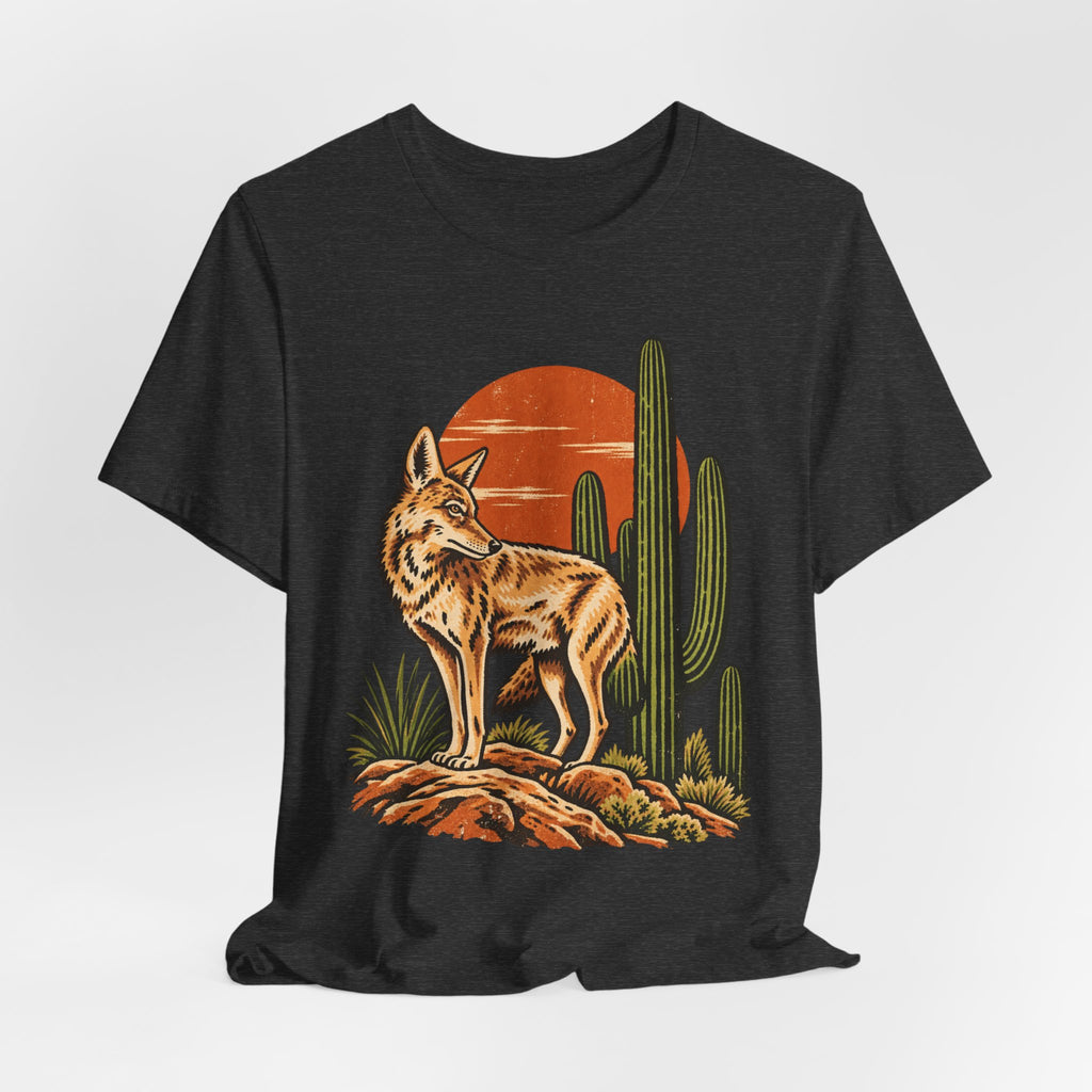 Arizona Coyote Saguaro T-Shirt in Heather Stone - Arizona desert coyote saguaro Southwest graphic tee, Barely Outdoorsy