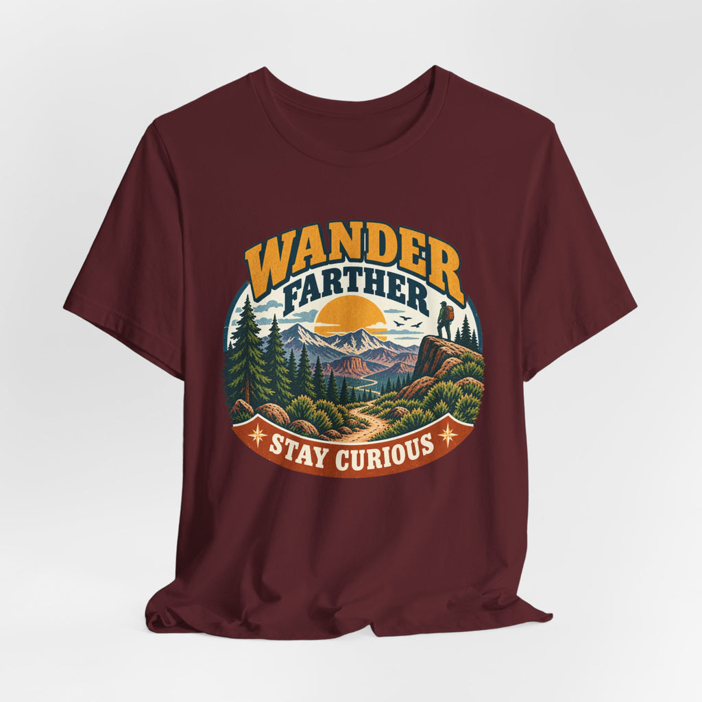 Wander Farther Stay Curious Tee flat lay Athletic Heather - unisex crew neck retro adventure graphic tee, Barely Outdoorsy