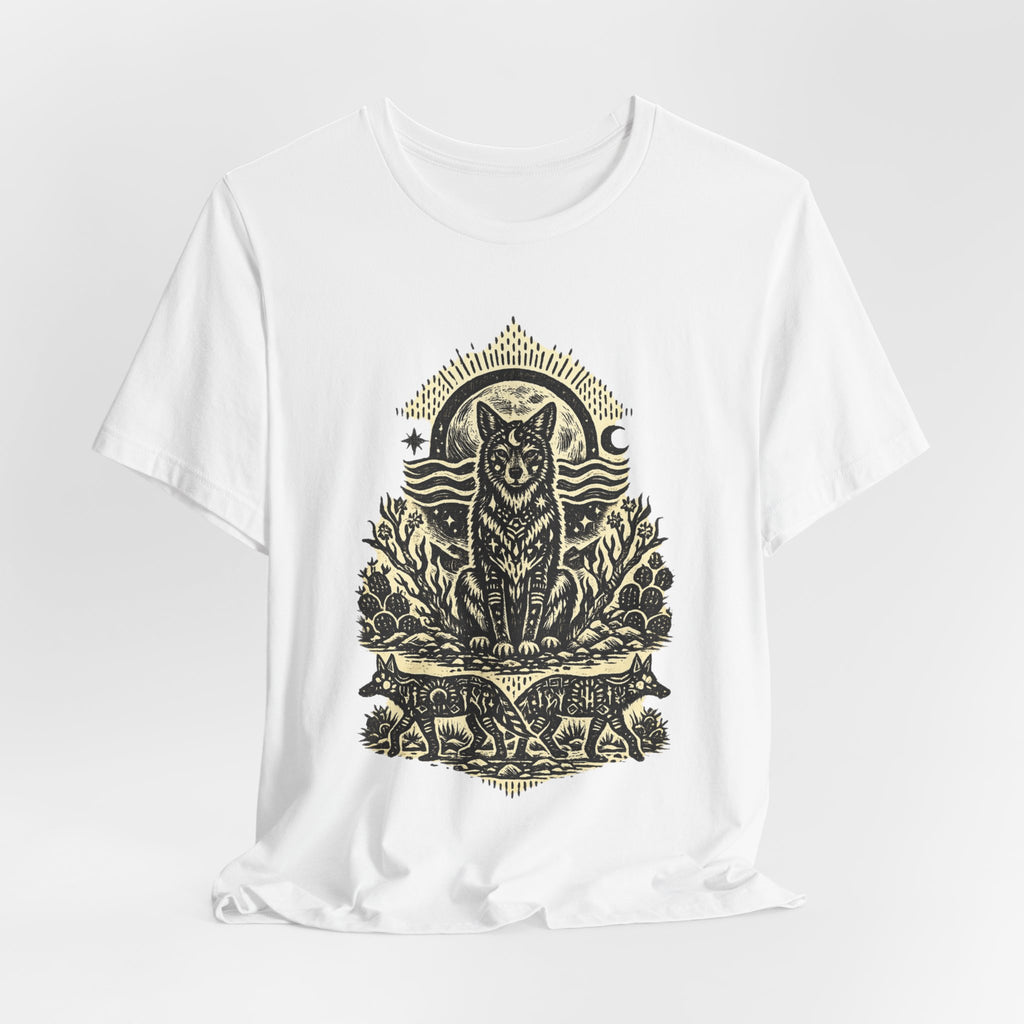 Moonlit Coyote Linocut T-Shirt in Heather Brown - Southwest linocut moonlit coyote woodcut graphic tee, Barely Outdoorsy