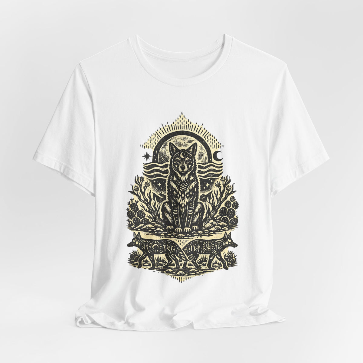 Moonlit Coyote Linocut T-Shirt in Heather Brown - Southwest linocut moonlit coyote woodcut graphic tee, Barely Outdoorsy
