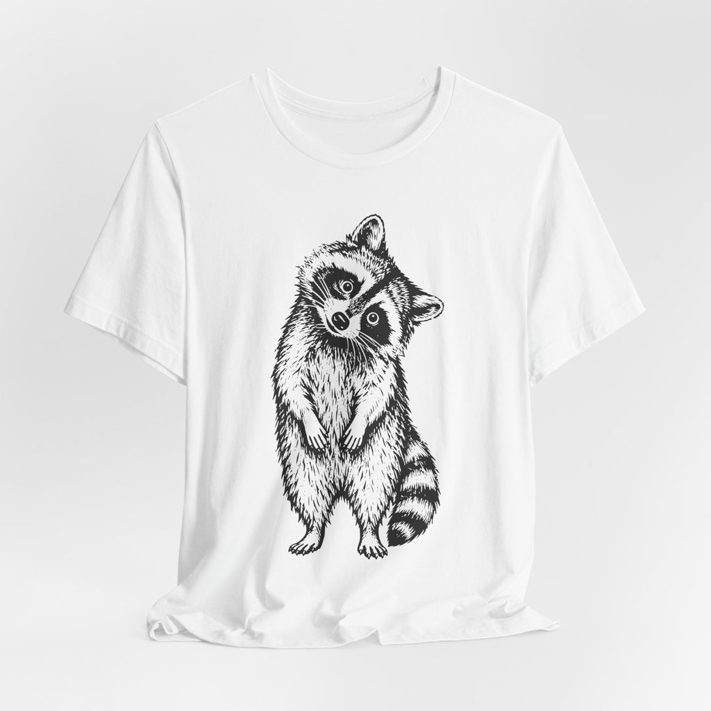 Suspicious Raccoon T-Shirt flat lay Athletic Heather - unisex crew neck raccoon humor graphic tee, Barely Outdoorsy