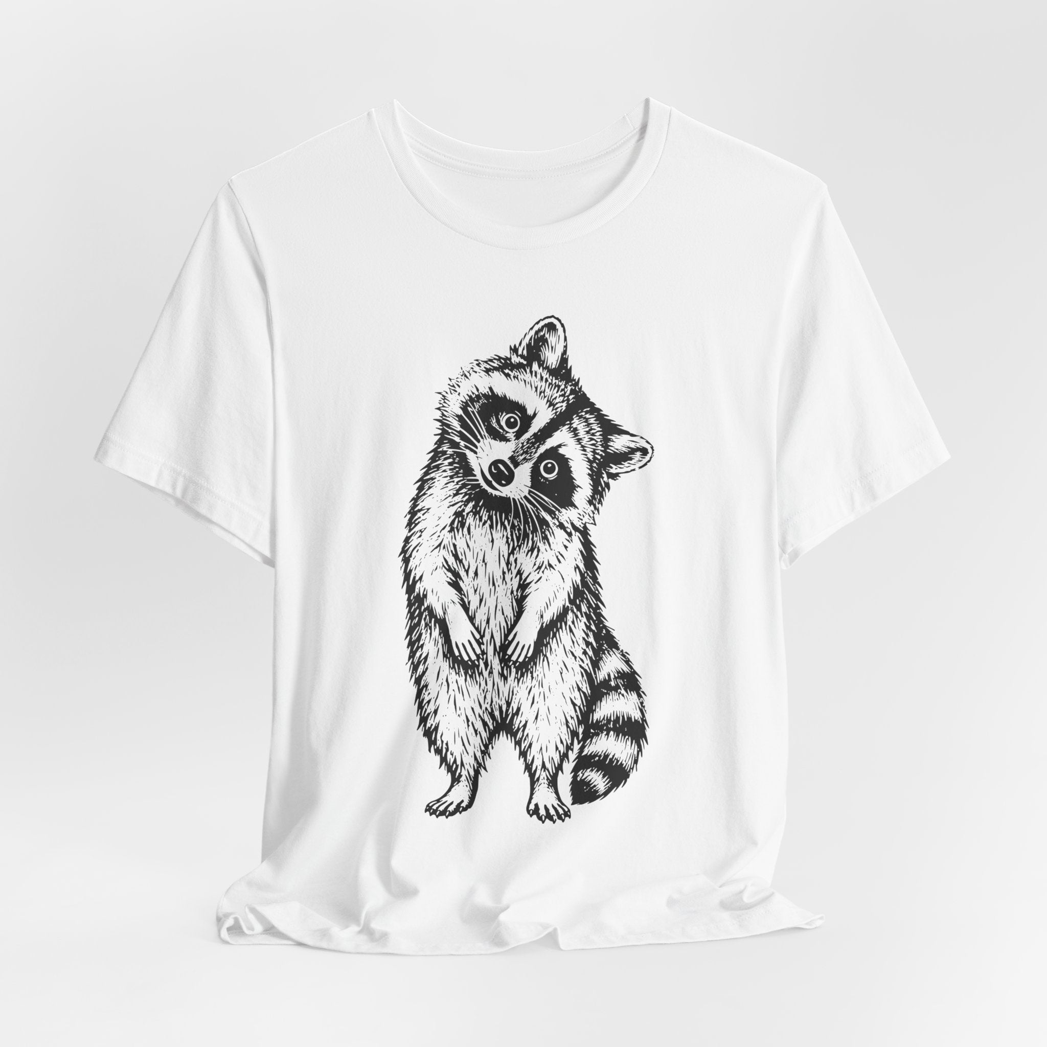 Suspicious Raccoon T-Shirt flat lay Athletic Heather - unisex crew neck raccoon humor graphic tee, Barely Outdoorsy