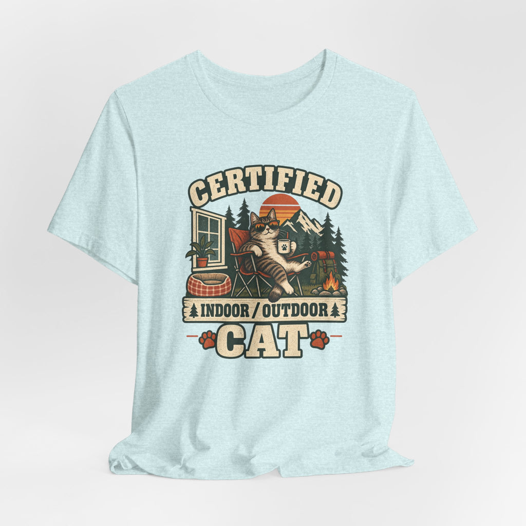 Certified Indoor Outdoor Cat Tee in White worn shot - funny indoor outdoor cat humor shirt, Barely Outdoorsy Bella Canvas