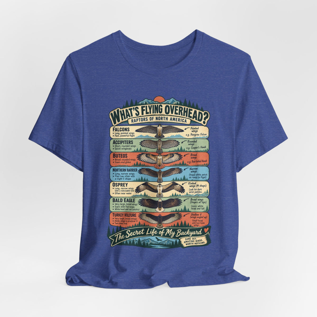 Raptors of North America Identification Tee flat lay Dark Grey Heather - unisex crew neck raptors field guide graphic tee, Barely Outdoorsy