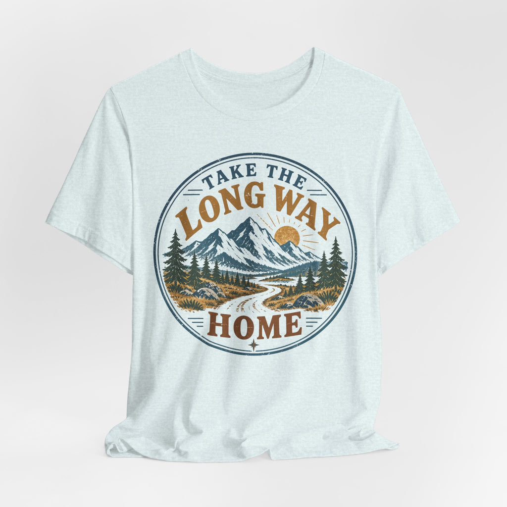 Take The Long Way Home Mountain T-Shirt flat lay Athletic Heather - unisex crew neck retro mountain graphic tee, Barely Outdoorsy