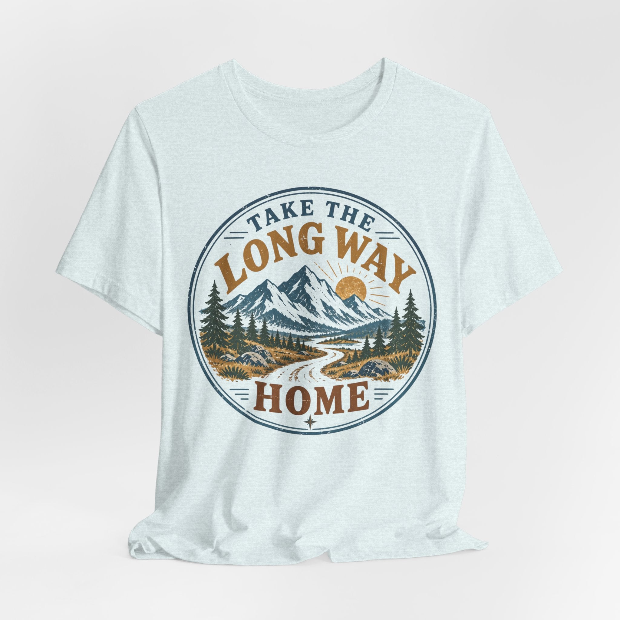 Take The Long Way Home Mountain T-Shirt flat lay Athletic Heather - unisex crew neck retro mountain graphic tee, Barely Outdoorsy