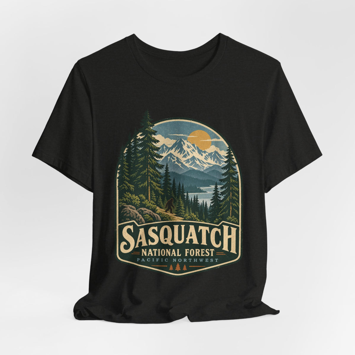 Sasquatch National Forest Tee in Navy - retro Bigfoot national park shirt, Barely Outdoorsy Bella Canvas 3001