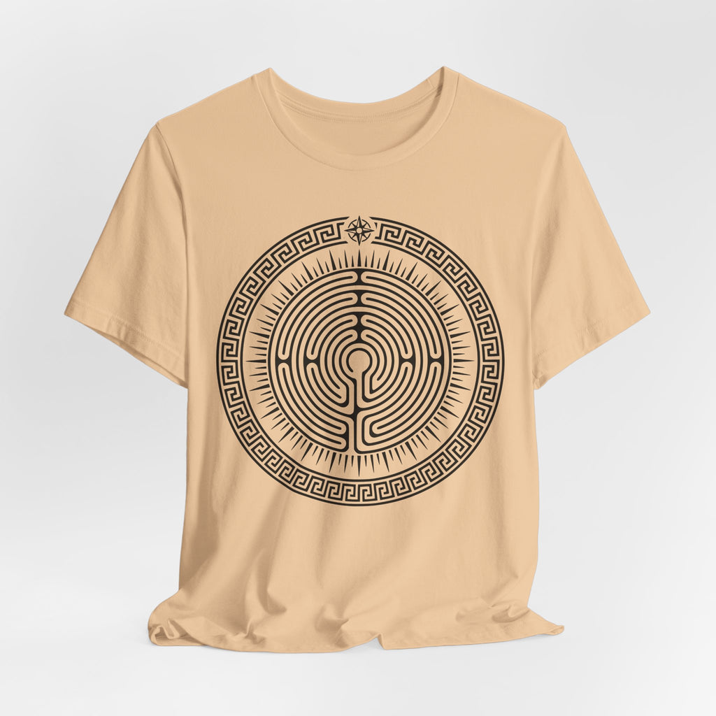 Journey Labyrinth T-Shirt in Heather Mustard - bold spiral sunburst labyrinth graphic tee, Barely Outdoorsy
