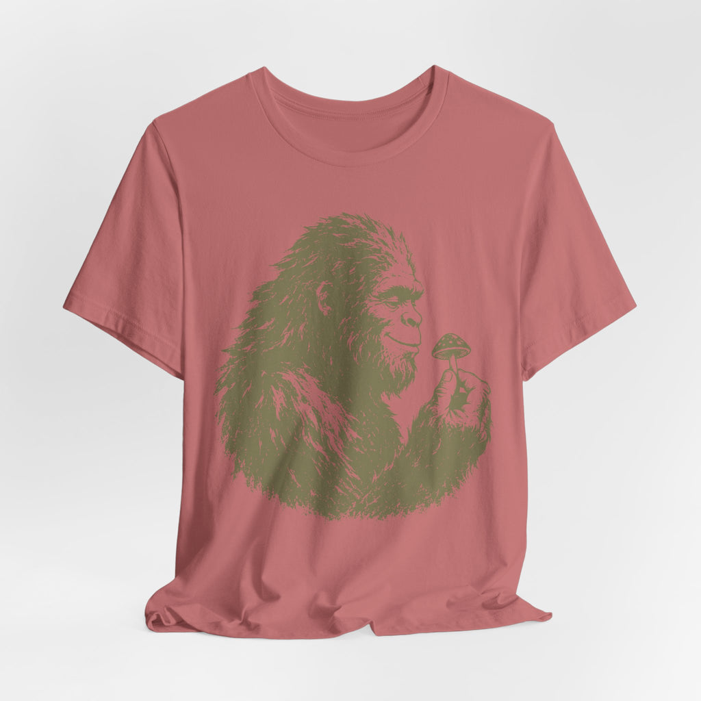 Close-up Sasquatch mushroom foraging illustration on cotton tee BarelyOutdoorsy