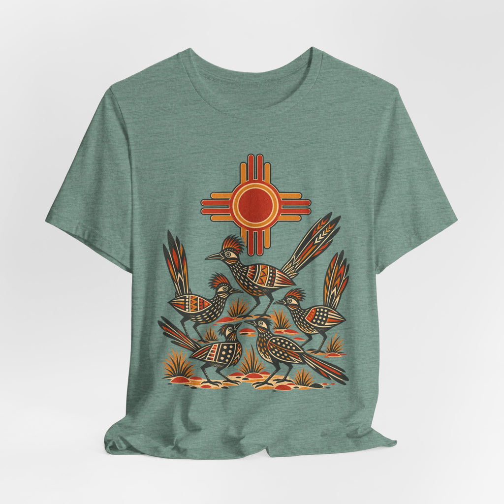 New Mexico Roadrunner Sun T-Shirt in White - Southwest New Mexico roadrunner sun graphic tee, Barely Outdoorsy