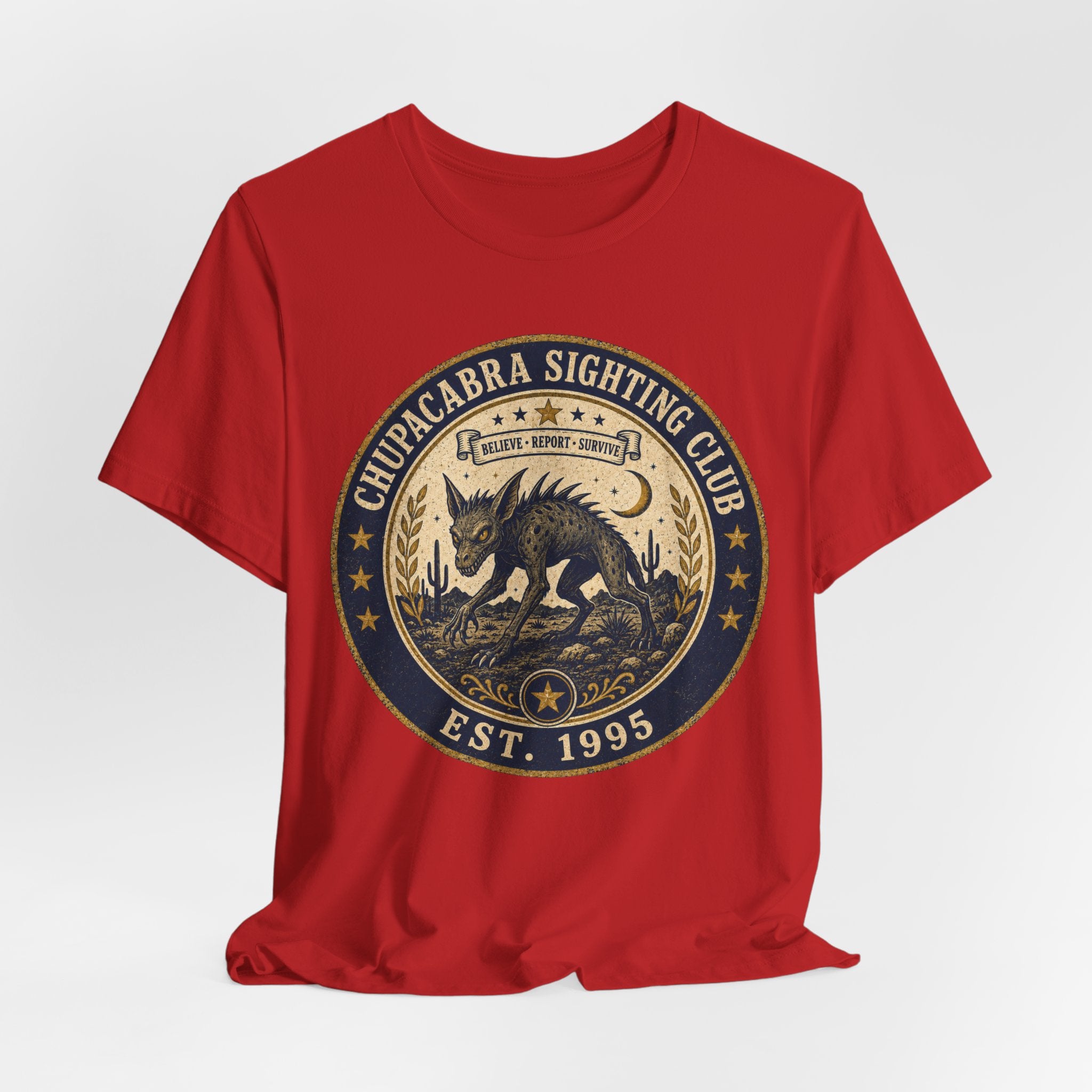 Chupacabra Sighting Club T-Shirt in Navy detail - saguaro cactus crescent moon laurel wreath cryptid badge graphic